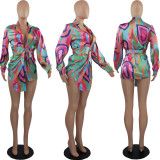 Sexy Printed Long Sleeve Mini Shirt Dress JZHF-8116