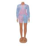 Stripe Print Colorblock Long Sleeve Shirts Shorts Set GOSD-XM1236