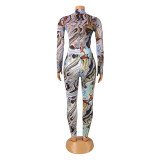 Sexy Print Long Sleeve Bodysuits And Pants Two Piece Sets GOSD-OS6347