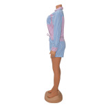 Stripe Print Colorblock Long Sleeve Shirts Shorts Set GOSD-XM1236
