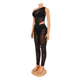 Fashion Sexy Mesh Perspective Irregular Top And Pants Two Piece Set GOSD-OS6374