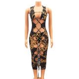 Sexy Print Bikini And Mesh See-Through Hollow Dress 3 Piece Set GOSD-OS6268