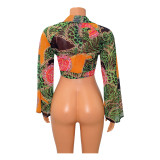 Fashion Print Long Sleeve Flared Sleeve Crop Top GOSD-OS6704