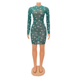 Fashion Sexy Mesh Print Long Sleeve Dress GOSD-XM1269