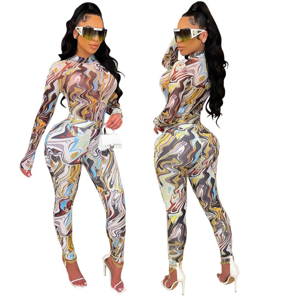 Sexy Print Long Sleeve Bodysuits And Pants Two Piece Sets GOSD-OS6347