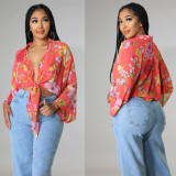 Fashion Print Long Sleeve Flared Sleeve Crop Top GOSD-OS6704