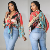 Fashion Print Long Sleeve Flared Sleeve Crop Top GOSD-OS6704