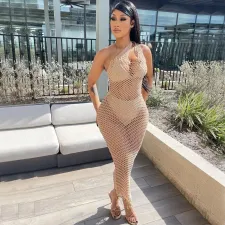 Sexy Slant Shoulder Hollow Maxi Dress(Without Bra Panties) GOSD-OS6638
