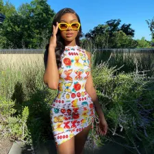 Sexy Printed Backless Sleeveless Drawstring Mini Dress ONY-7020