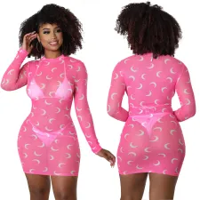 Fashion Sexy Mesh Print Long Sleeve Dress GOSD-XM1269
