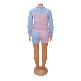 Stripe Print Colorblock Long Sleeve Shirts Shorts Set GOSD-XM1236
