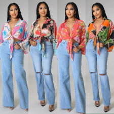 Fashion Print Long Sleeve Flared Sleeve Crop Top GOSD-OS6704