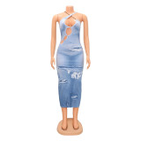Fashion Slim Print Hollow Sling Maxi Dress GOSD-OS6657