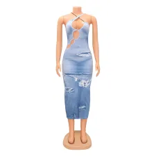 Fashion Slim Print Hollow Sling Maxi Dress GOSD-OS6657