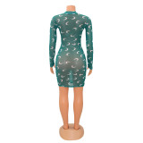 Fashion Sexy Mesh Print Long Sleeve Dress GOSD-XM1269
