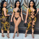 Sexy Print Bikini And Mesh See-Through Hollow Dress 3 Piece Set GOSD-OS6268