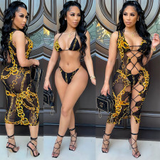 Sexy Print Bikini And Mesh See-Through Hollow Dress 3 Piece Set GOSD-OS6268