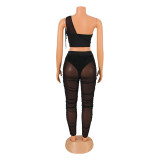 Fashion Sexy Mesh Perspective Irregular Top And Pants Two Piece Set GOSD-OS6374