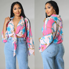 Fashion Print Long Sleeve Flared Sleeve Crop Top GOSD-OS6704