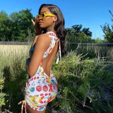 Sexy Printed Backless Sleeveless Drawstring Mini Dress ONY-7020