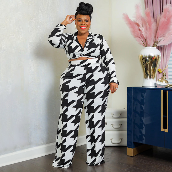 Plus Size Printed Long Sleeve 2 Piece Pants Sets NNWF-7612