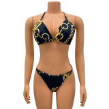 Sexy Print Bikini And Mesh See-Through Hollow Dress 3 Piece Set GOSD-OS6268