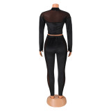 Fashion Sexy Mesh Velvet Splice Two Piece Pants Set  GOSD-OS6366