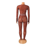 Fashion Sexy Mesh Print Long Sleeve And Pants 2 Piece Set GOSD-OS6317