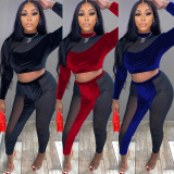 Fashion Sexy Mesh Velvet Splice Two Piece Pants Set  GOSD-OS6366