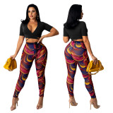 Solid Crop Top Print Pants Two Piece Set GOSD-OS6232