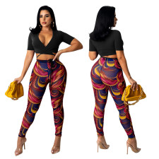 Solid Crop Top Print Pants Two Piece Set GOSD-OS6232