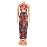Sexy Print Lace-up Hollow Mesh Maxi Dress GOSD-OS6040