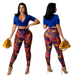 Solid Crop Top Print Pants Two Piece Set GOSD-OS6232