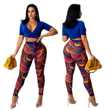 Solid Crop Top Print Pants Two Piece Set GOSD-OS6232