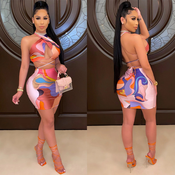 Sexy Print Backless Top And Skirt Two Piece Set GOSD-OS6009