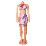 Sexy Print Backless Top And Skirt Two Piece Set GOSD-OS6009