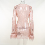 Sexy Mesh See-Through Feather Night Club Dress FL-22229