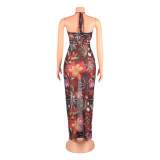 Sexy Print Lace-up Hollow Mesh Maxi Dress GOSD-OS6040