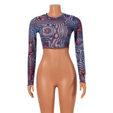 Fashion Sexy Mesh Print Long Sleeve Crop Top GOSD-OS6548