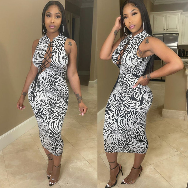 Sexy Print Lace-up Hollow Midi Dress GOSD-OS6014