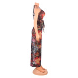 Sexy Print Lace-up Hollow Mesh Maxi Dress GOSD-OS6040