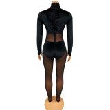 Fashion Sexy Mesh Velvet Splice Solid Jumpsuit GOSD-OS6269