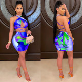 Sexy Print Backless Top And Skirt Two Piece Set GOSD-OS6009
