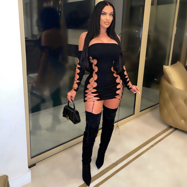 Sexy Hollow Tie Off Shoulder Mini Dress GOSD-OS6673