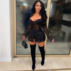 Fashion Sexy Mesh Splice Square Neck Long Sleeve Set GOSD-OS6766