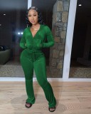Solid Velvet Hooded Long Sleeve Flare Pants 2 Piece Sets YD-8527