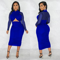 Sexy Mesh Patchwork Long Sleeve Midi Dress BY-5963
