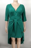 Plus Size V Neck 3/4 Sleeve Irregular Midi Dress XMY-9382