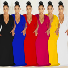 Sexy Tassel V Neck Sleeveless Maxi Dress BY-5975