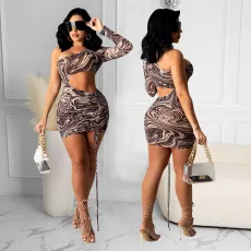 Sexy Mesh Print Single Sleeve Hollow Mini Dress GOSD-OS6097